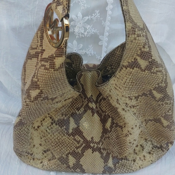 Michael Kors Leather Snake Print Hobo Bag in Cream and Brown - Picture 9 of 16